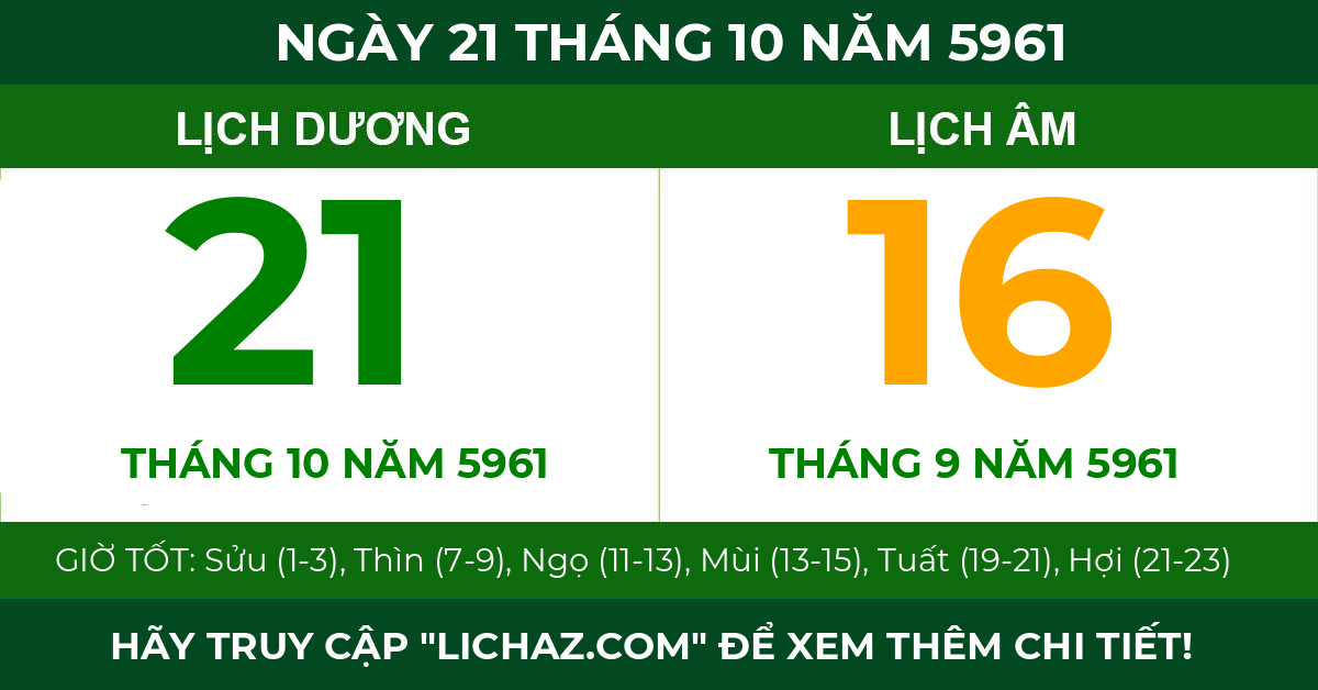 lịch âm ngày 21 tháng 10 năm 5961
