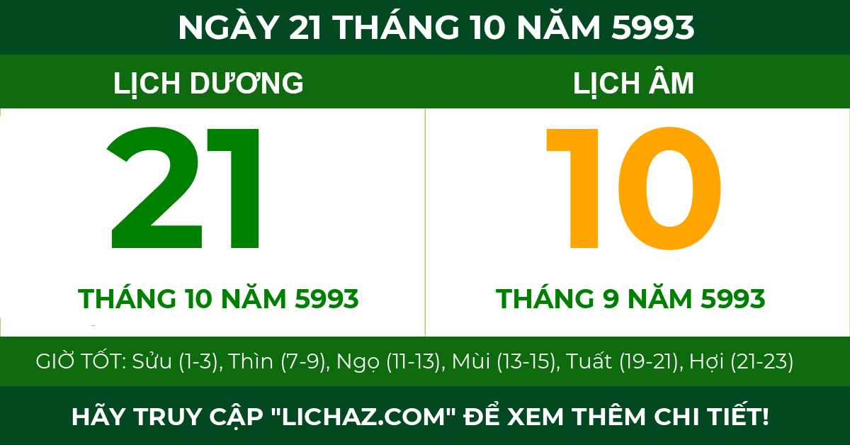 lịch âm ngày 21 tháng 10 năm 5993