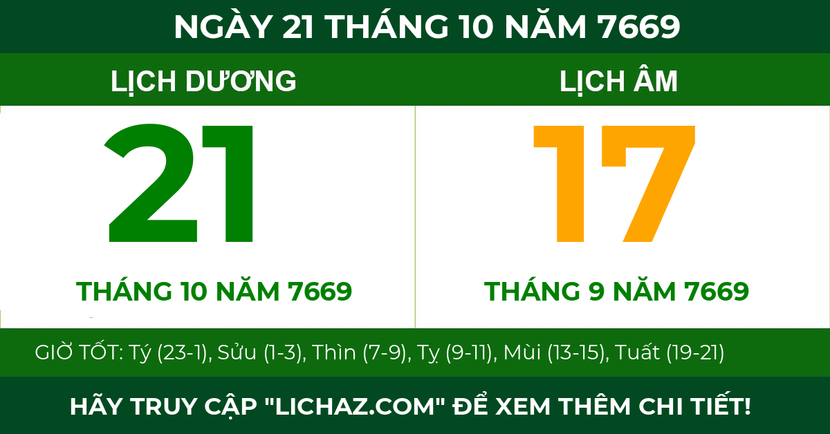 lịch âm ngày 21 tháng 10 năm 7669