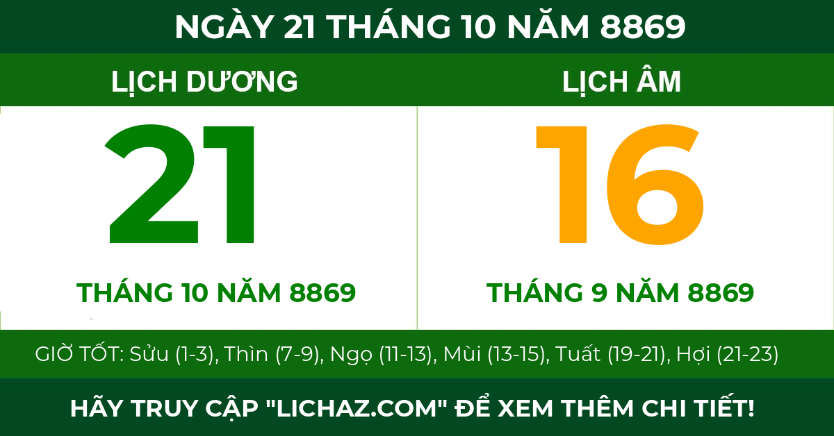 lịch âm ngày 21 tháng 10 năm 8869
