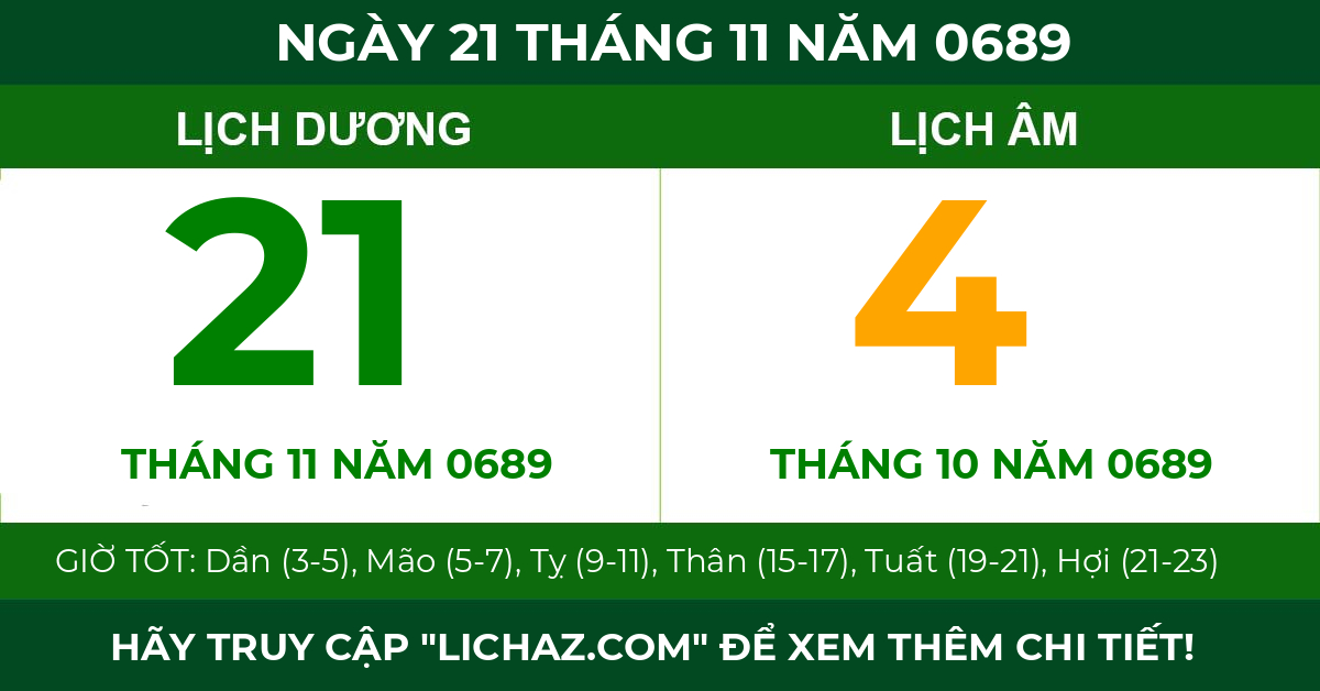 lịch âm ngày 21 tháng 11 năm 0689