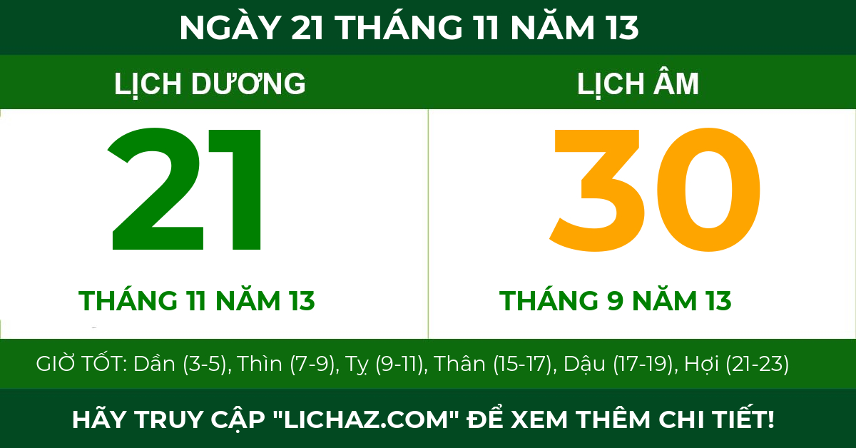 lịch âm ngày 21 tháng 11 năm 13