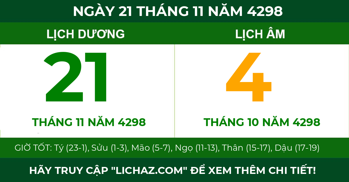 lịch âm ngày 21 tháng 11 năm 4298