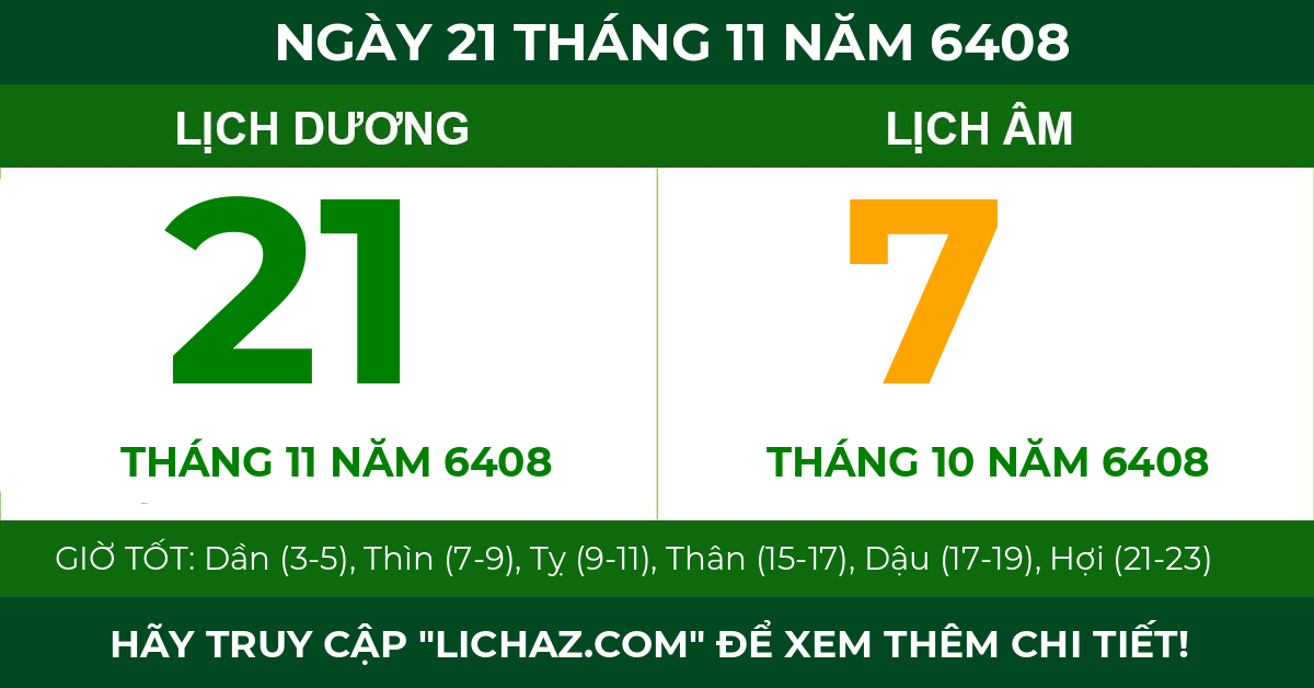 lịch âm ngày 21 tháng 11 năm 6408