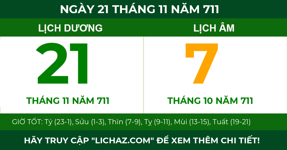 lịch âm ngày 21 tháng 11 năm 711