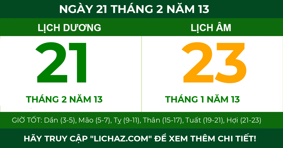 lịch âm ngày 21 tháng 2 năm 13