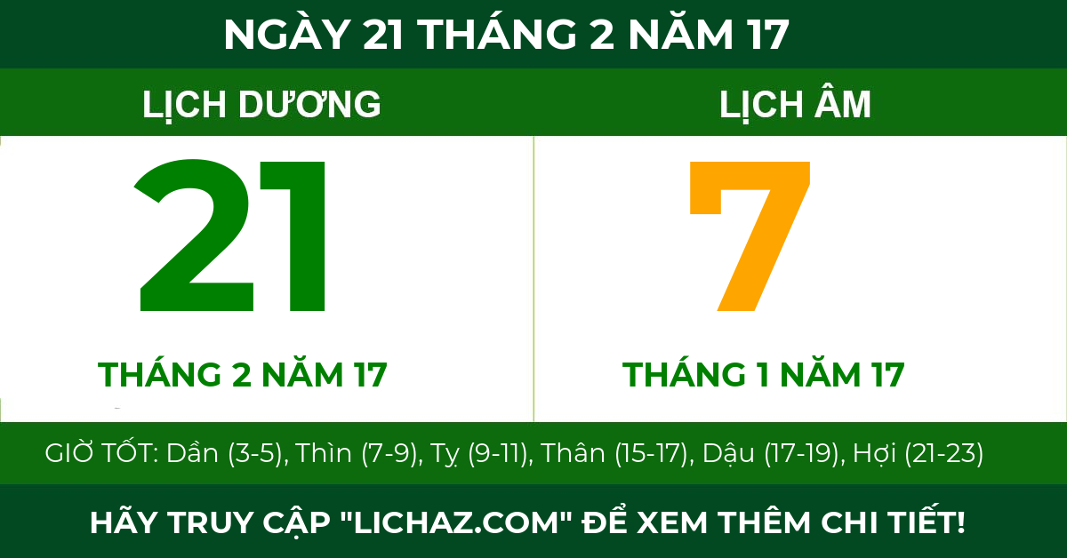 lịch âm ngày 21 tháng 2 năm 17