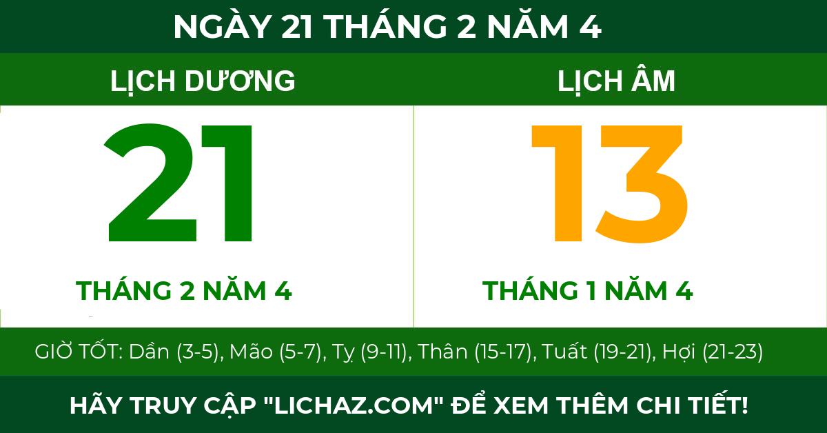lịch âm ngày 21 tháng 2 năm 4