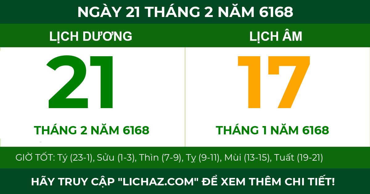 lịch âm ngày 21 tháng 2 năm 6168