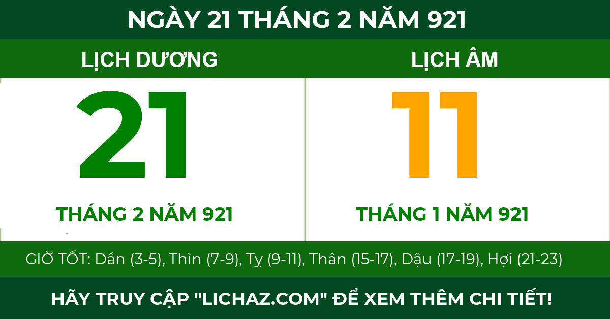 lịch âm ngày 21 tháng 2 năm 921