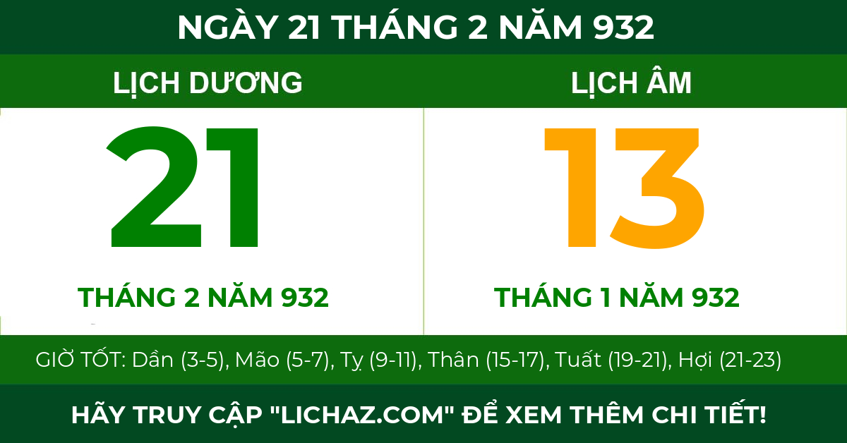 lịch âm ngày 21 tháng 2 năm 932