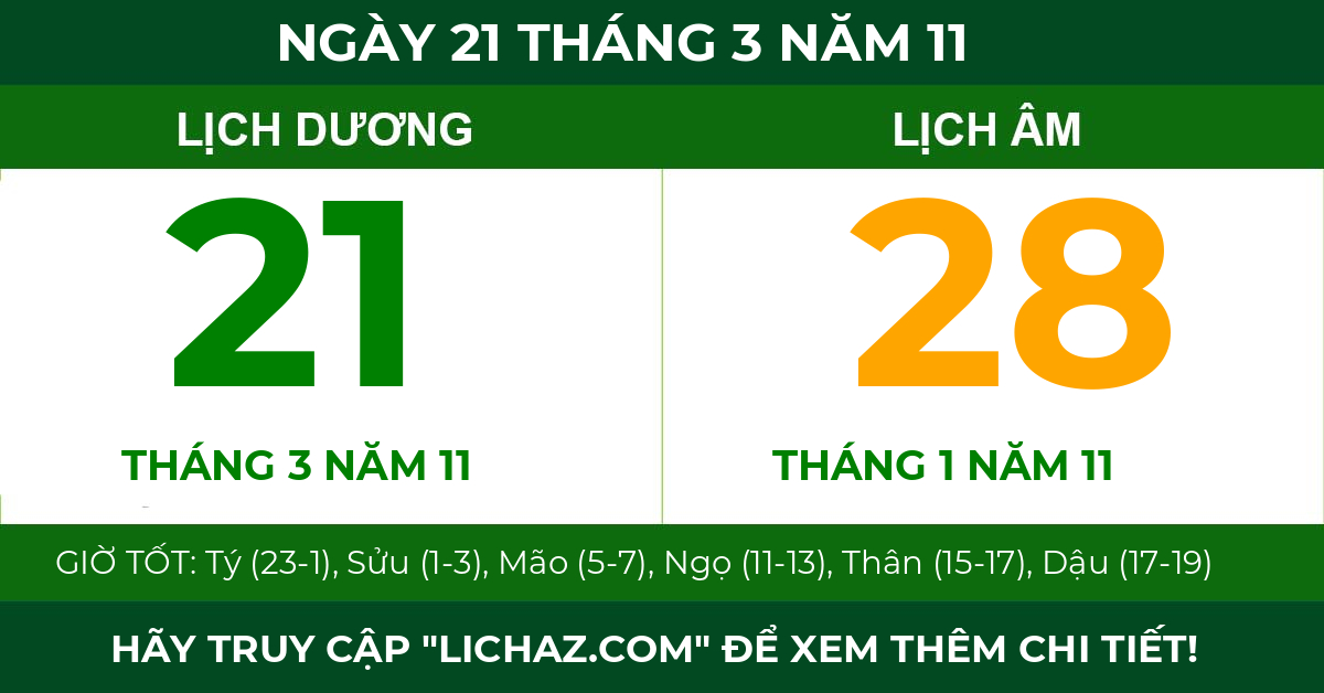 lịch âm ngày 21 tháng 3 năm 11