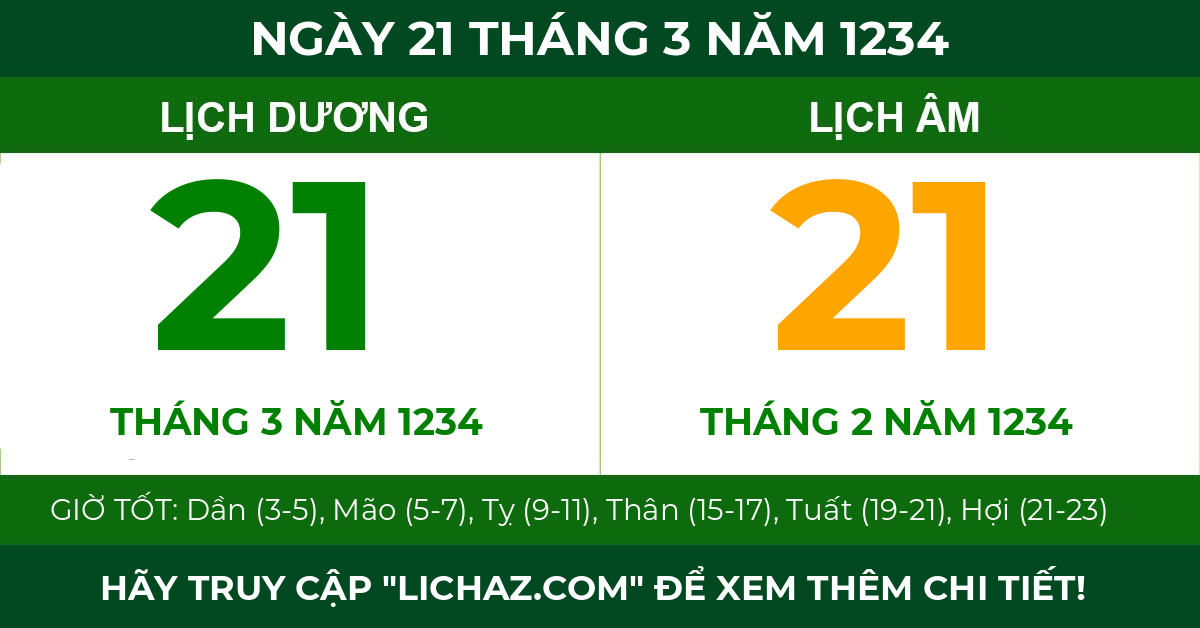 lịch âm ngày 21 tháng 3 năm 1234