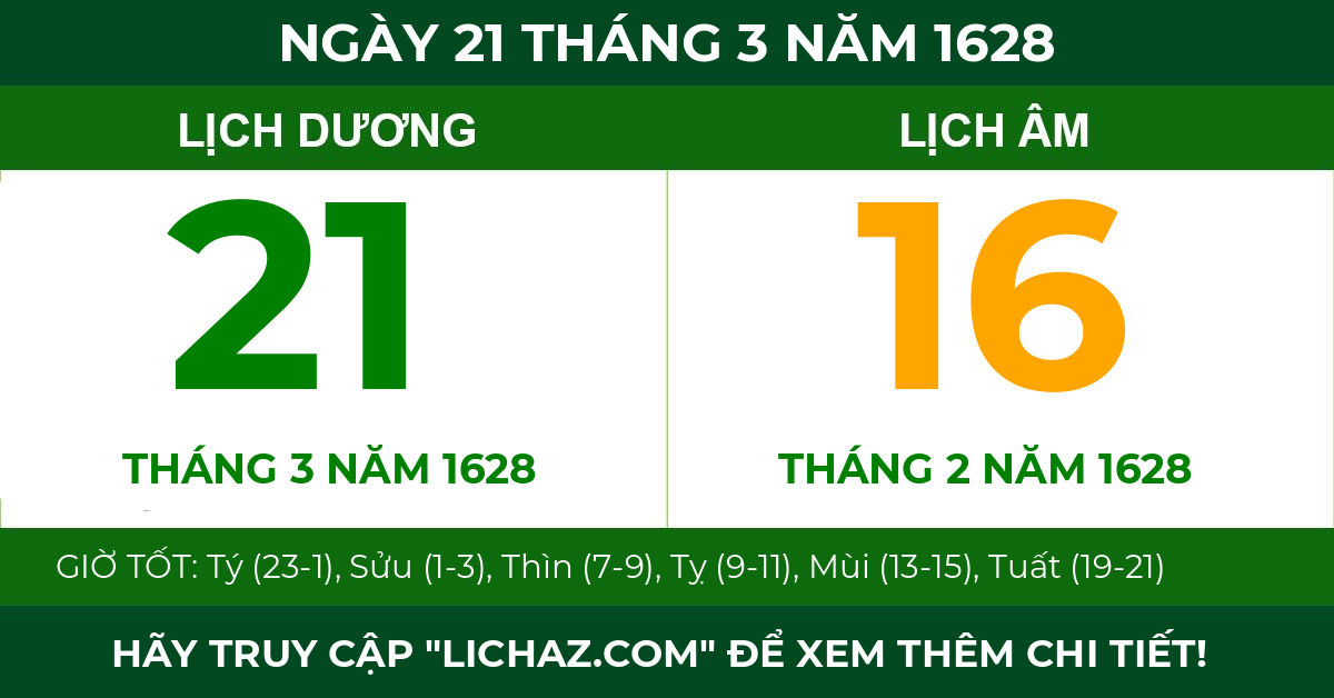 lịch âm ngày 21 tháng 3 năm 1628
