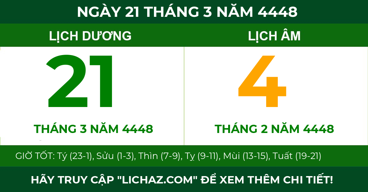 lịch âm ngày 21 tháng 3 năm 4448