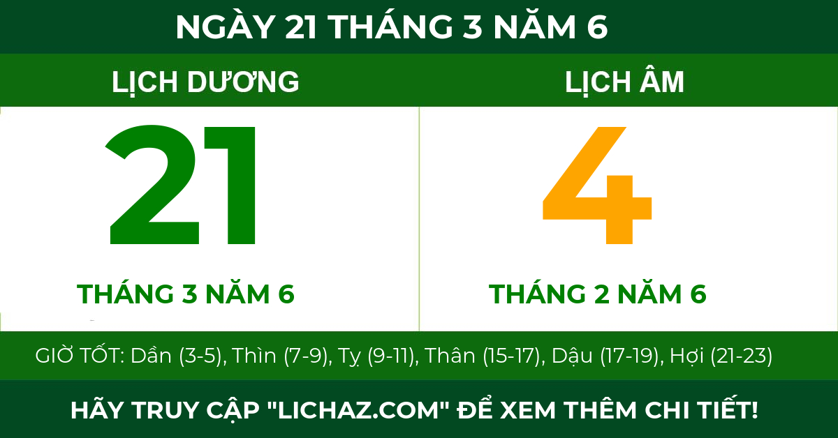 lịch âm ngày 21 tháng 3 năm 6