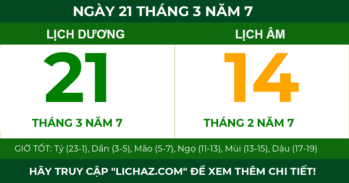 lịch âm ngày 21 tháng 3 năm 7