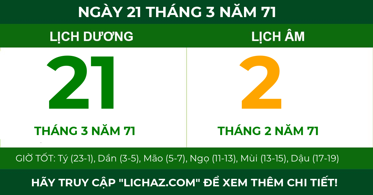 lịch âm ngày 21 tháng 3 năm 71