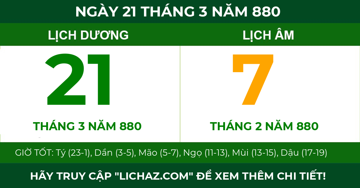 lịch âm ngày 21 tháng 3 năm 880