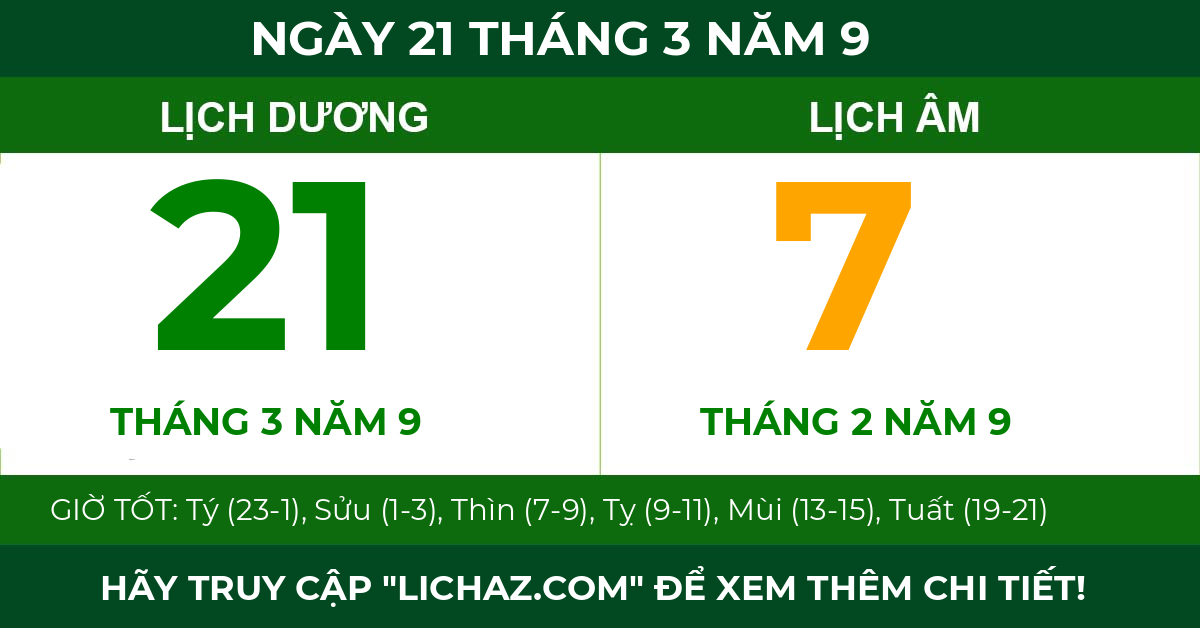 lịch âm ngày 21 tháng 3 năm 9