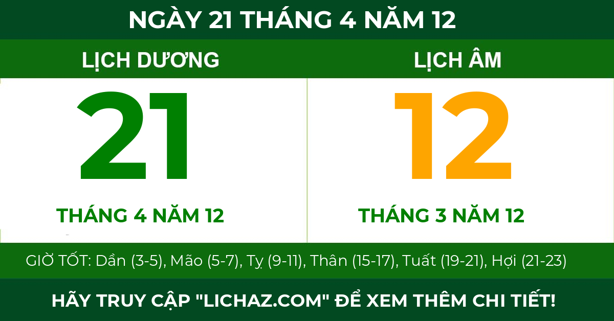 lịch âm ngày 21 tháng 4 năm 12