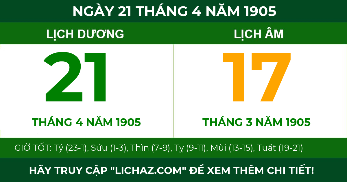 lịch âm ngày 21 tháng 4 năm 1905