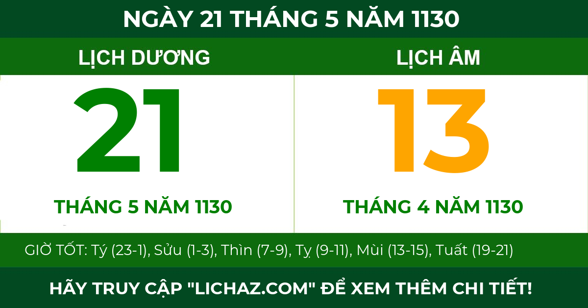 lịch âm ngày 21 tháng 5 năm 1130