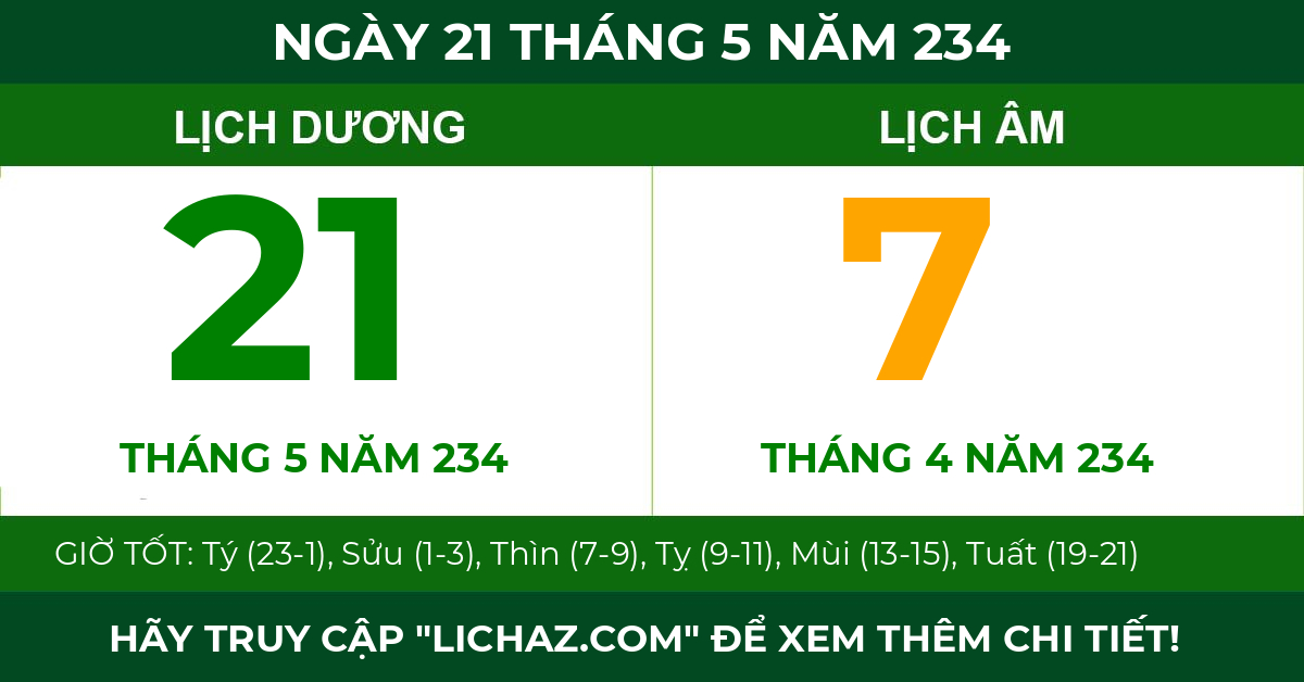 lịch âm ngày 21 tháng 5 năm 234