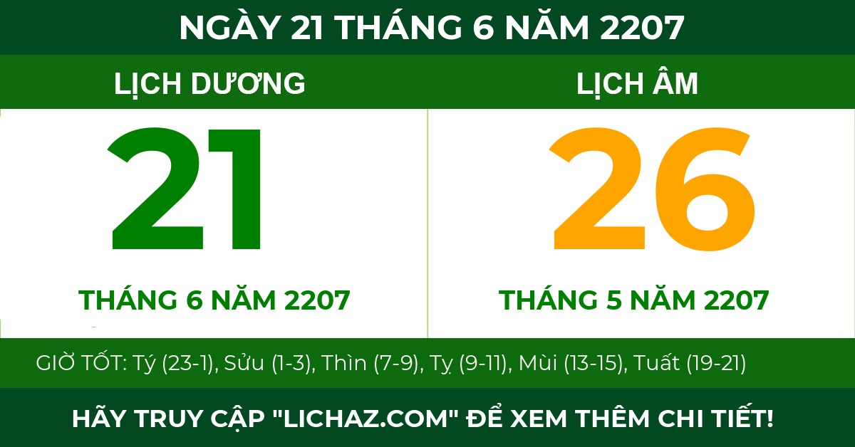 lịch âm ngày 21 tháng 6 năm 2207