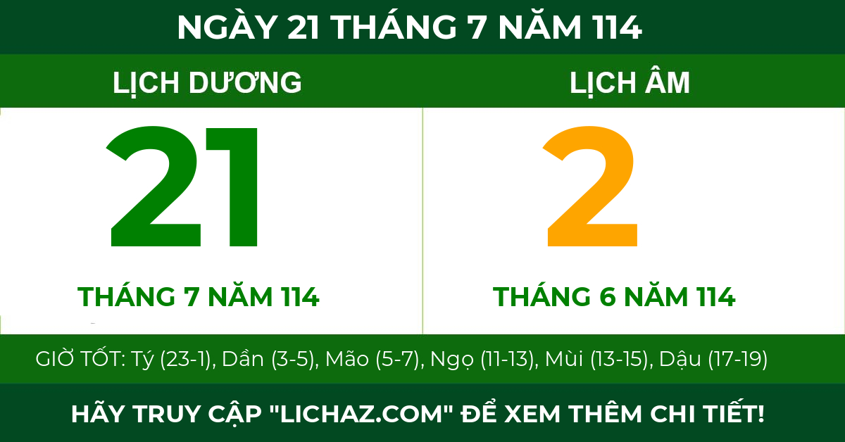 lịch âm ngày 21 tháng 7 năm 114
