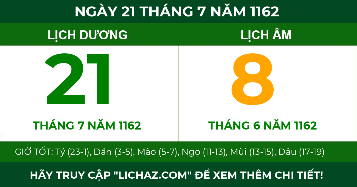 lịch âm ngày 21 tháng 7 năm 1162