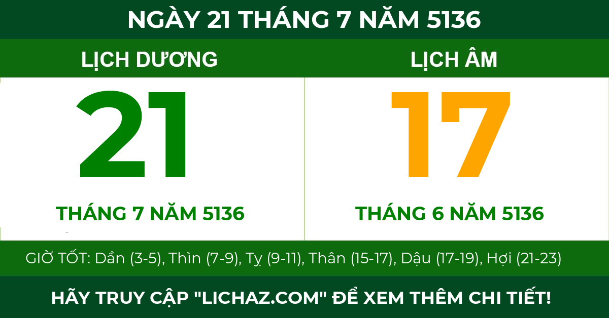 lịch âm ngày 21 tháng 7 năm 5136