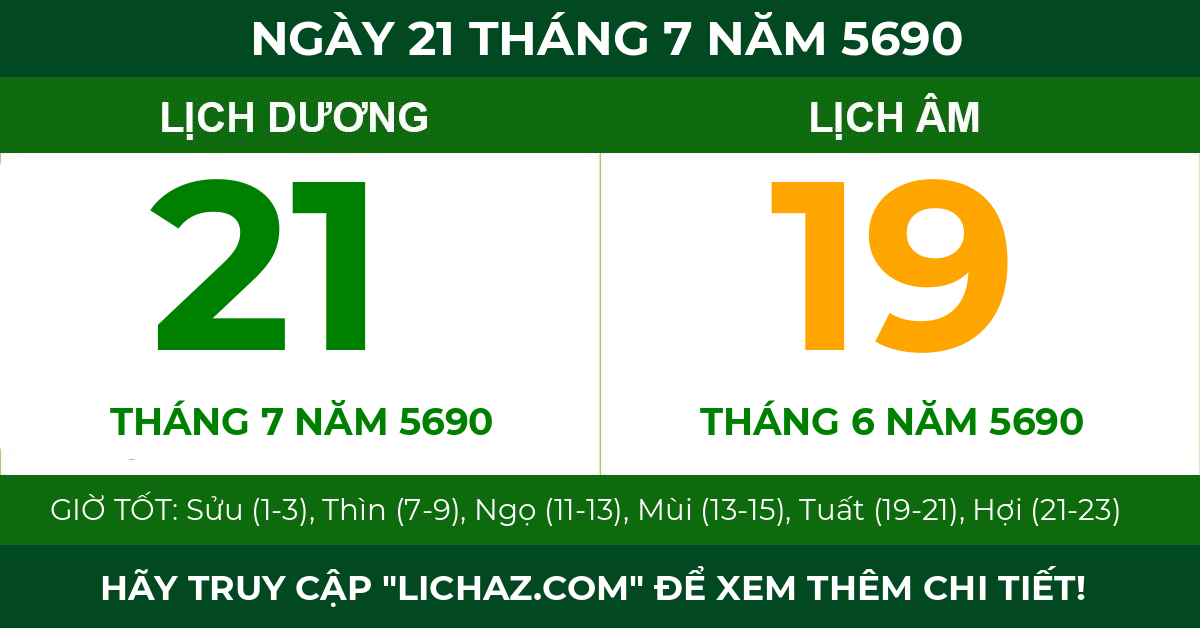 lịch âm ngày 21 tháng 7 năm 5690