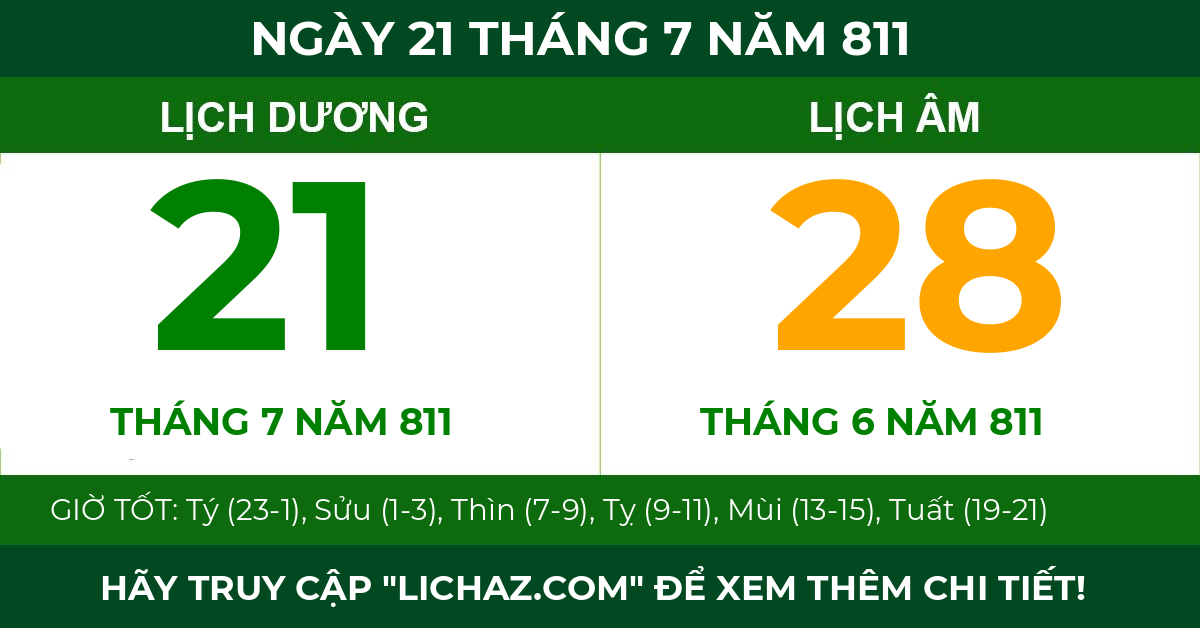 lịch âm ngày 21 tháng 7 năm 811