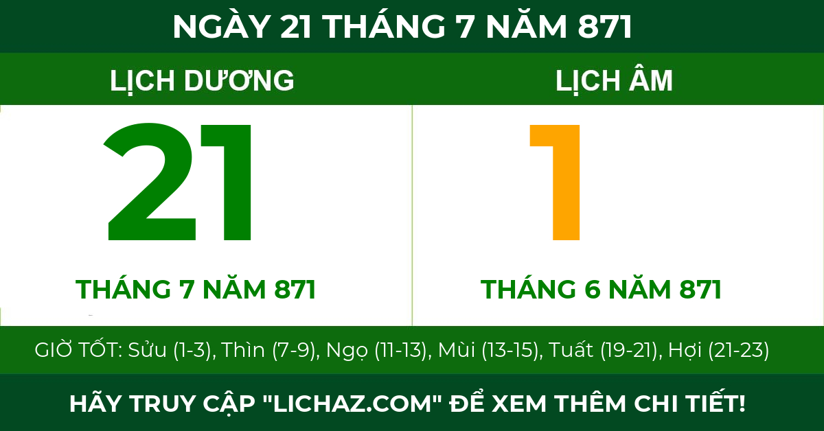lịch âm ngày 21 tháng 7 năm 871