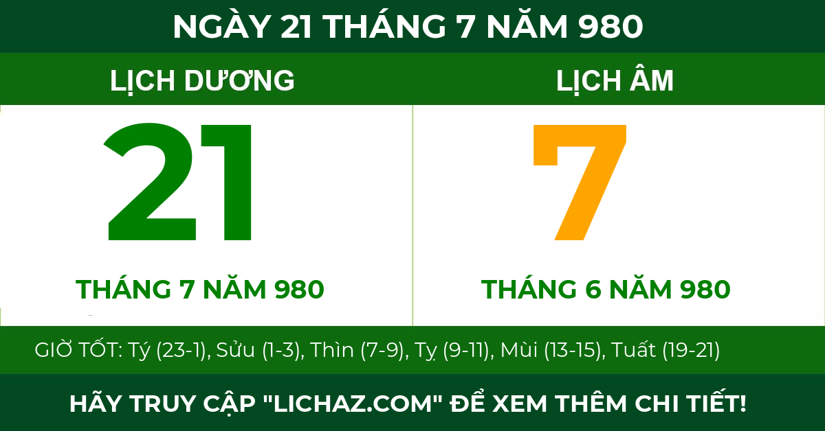 lịch âm ngày 21 tháng 7 năm 980