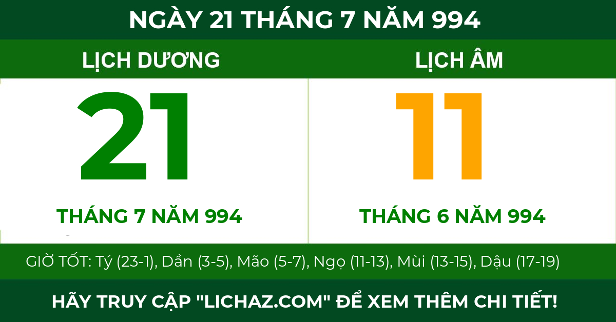 lịch âm ngày 21 tháng 7 năm 994