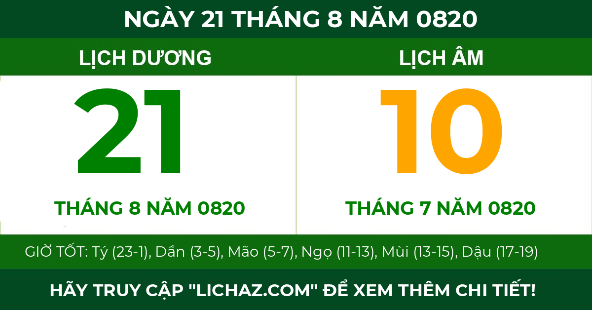 lịch âm ngày 21 tháng 8 năm 0820