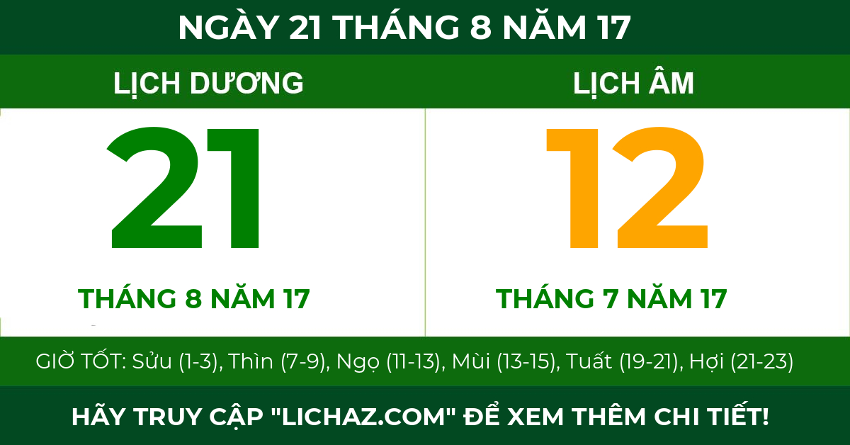 lịch âm ngày 21 tháng 8 năm 17