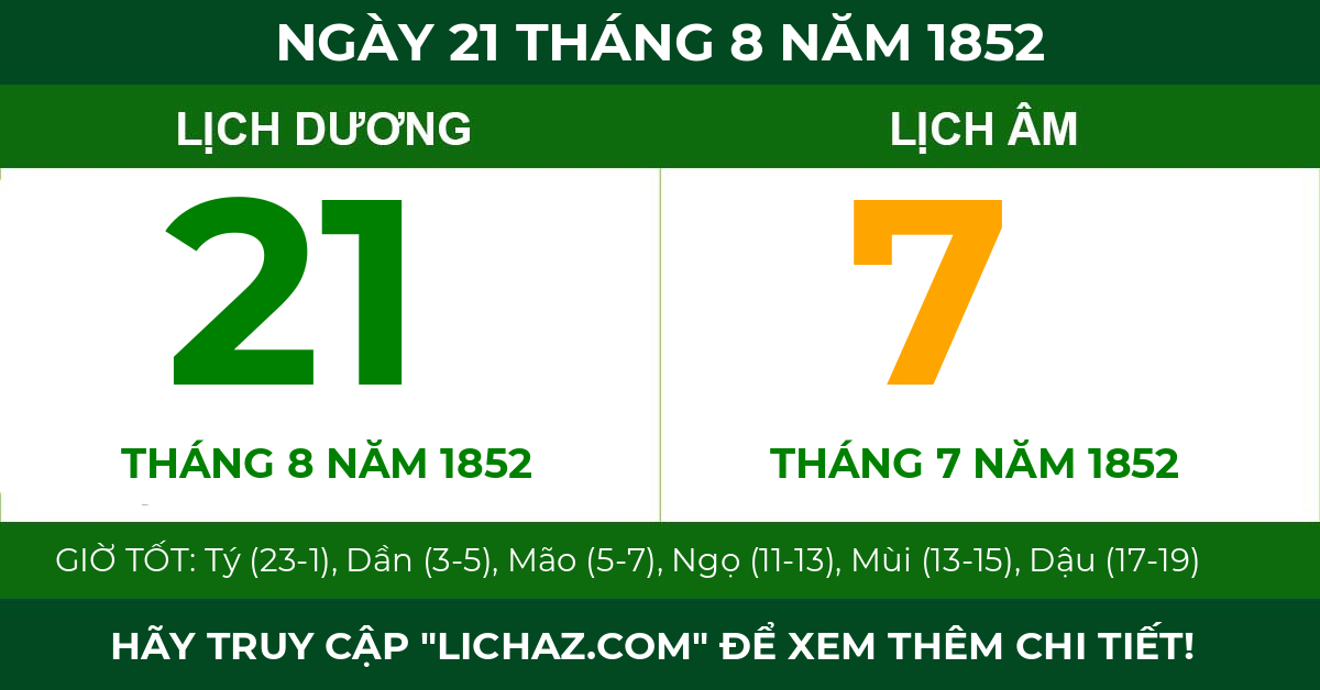 lịch âm ngày 21 tháng 8 năm 1852