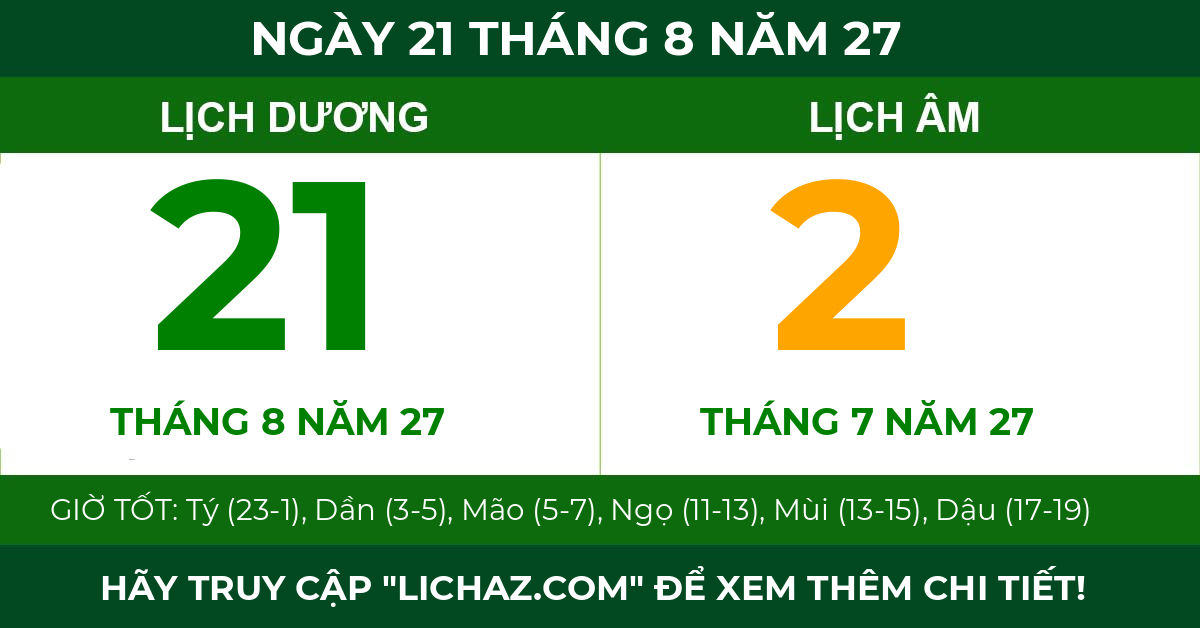 lịch âm ngày 21 tháng 8 năm 27