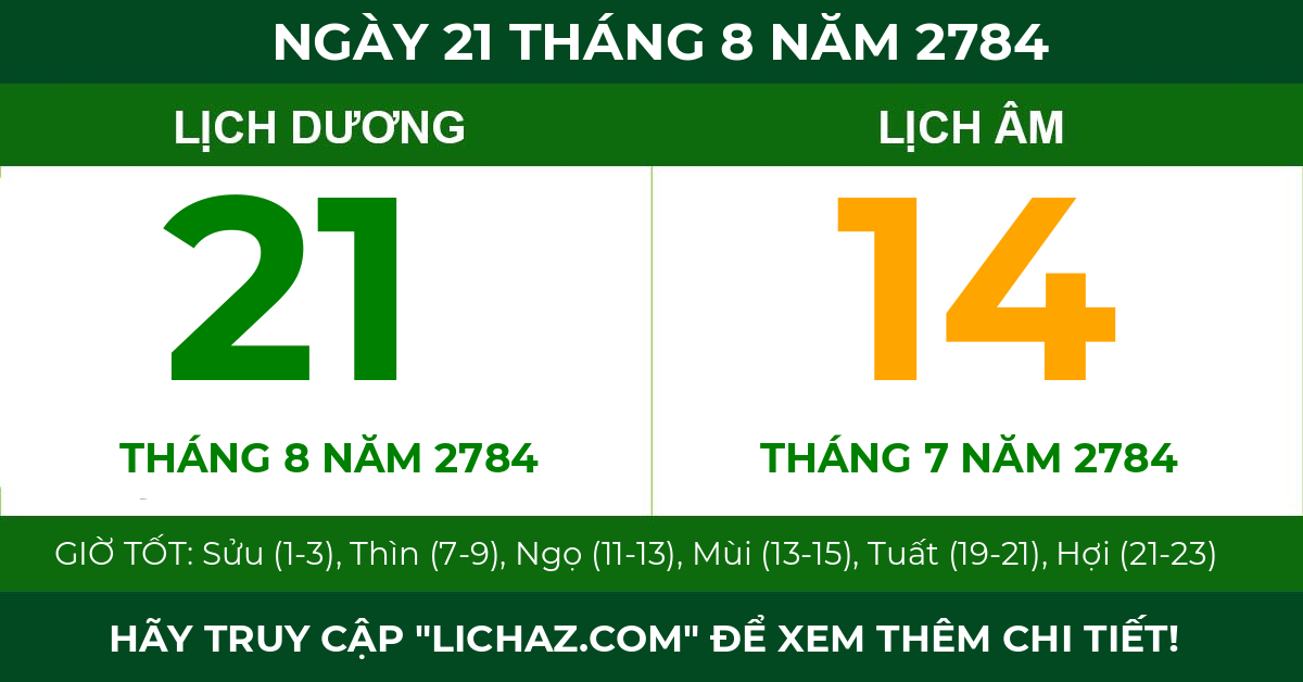lịch âm ngày 21 tháng 8 năm 2784