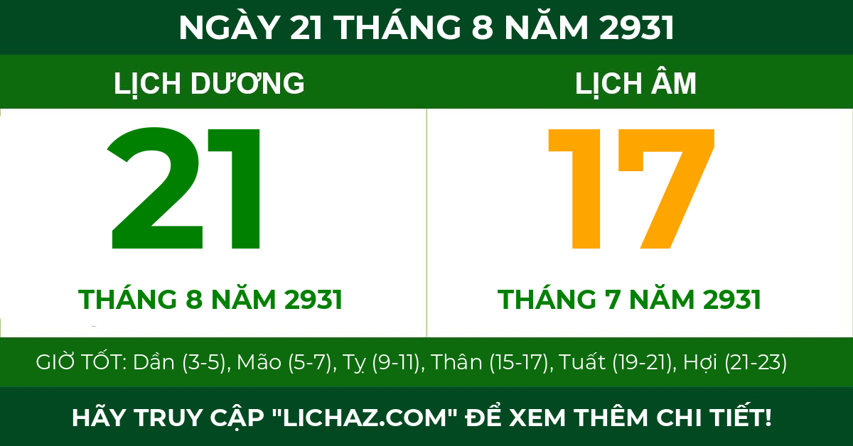lịch âm ngày 21 tháng 8 năm 2931