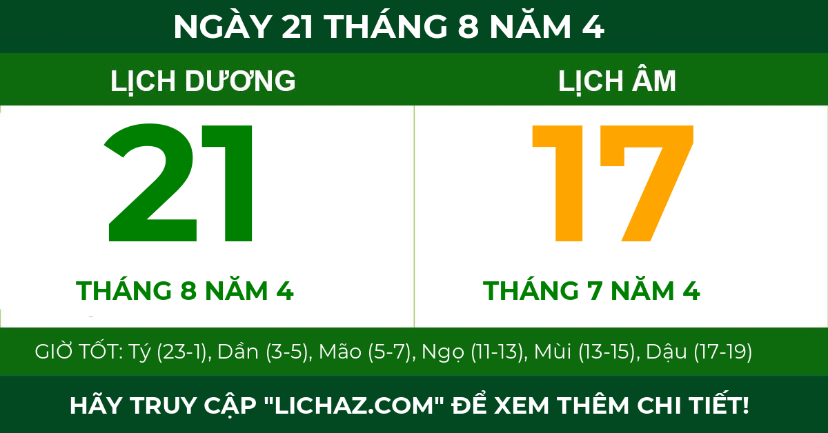 lịch âm ngày 21 tháng 8 năm 4