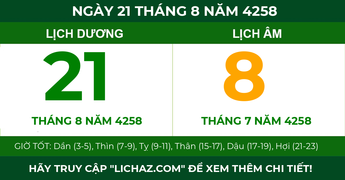 lịch âm ngày 21 tháng 8 năm 4258