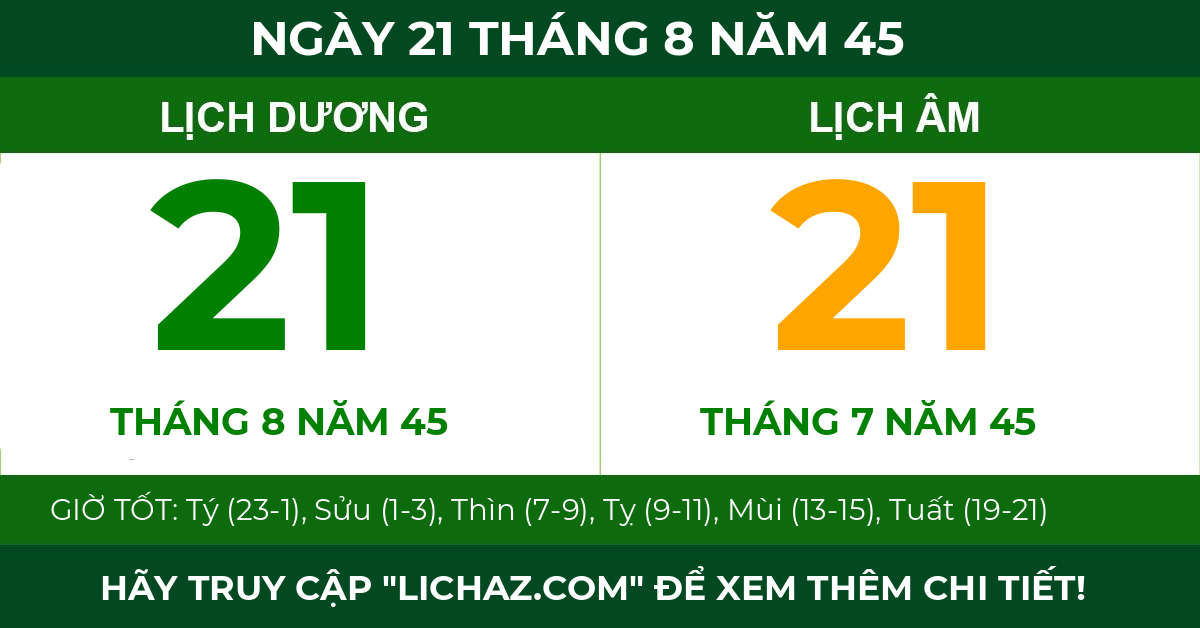 lịch âm ngày 21 tháng 8 năm 45
