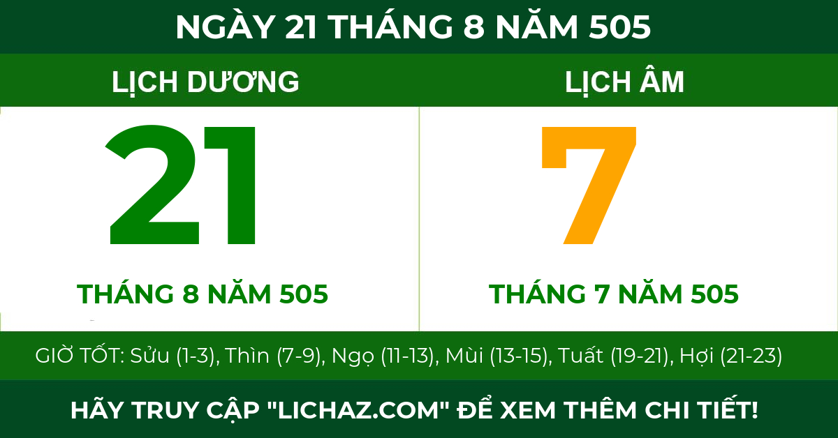 lịch âm ngày 21 tháng 8 năm 505