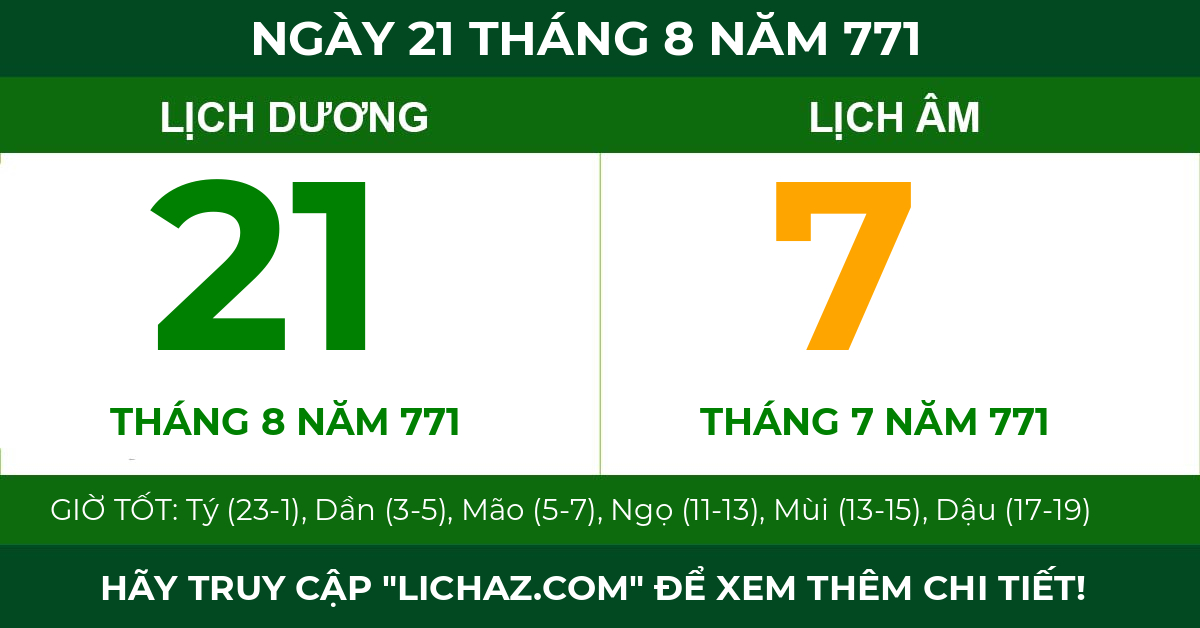 lịch âm ngày 21 tháng 8 năm 771