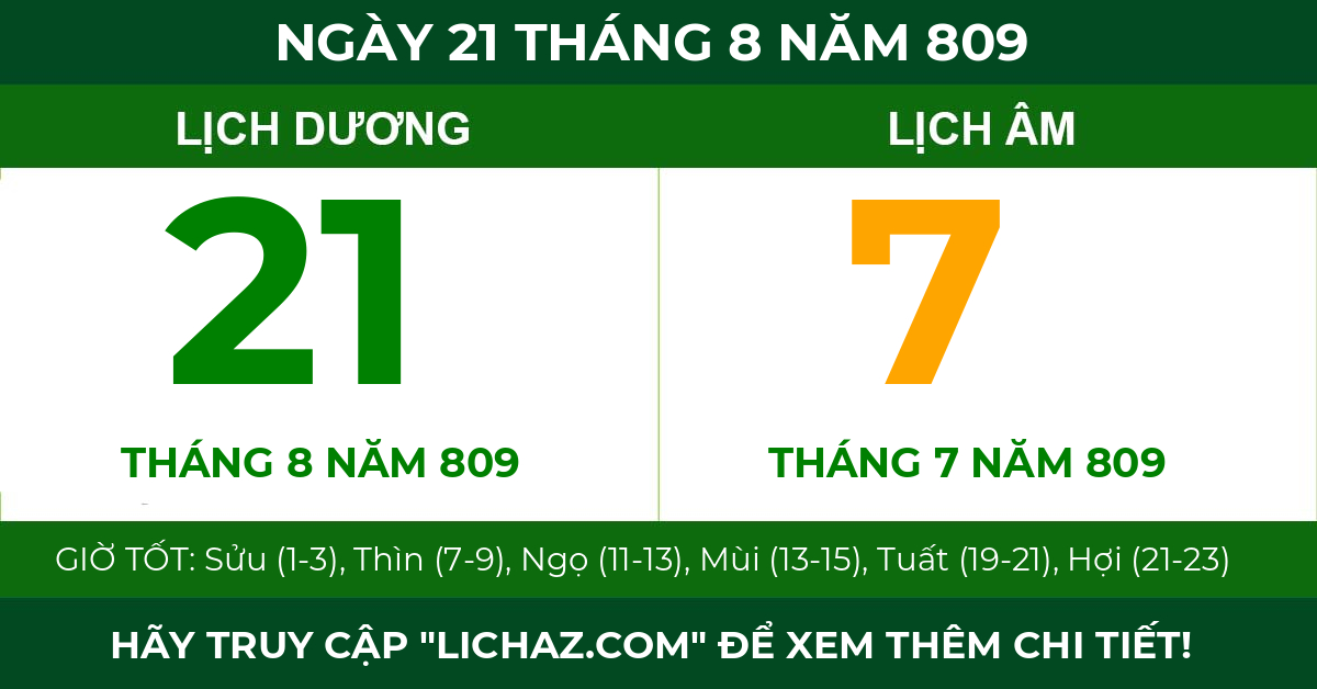 lịch âm ngày 21 tháng 8 năm 809