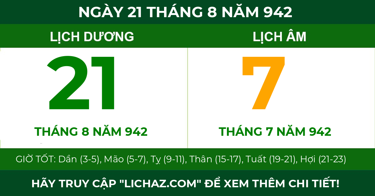 lịch âm ngày 21 tháng 8 năm 942